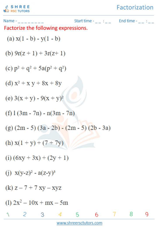 Grade 11  Maths worksheet: Factorization