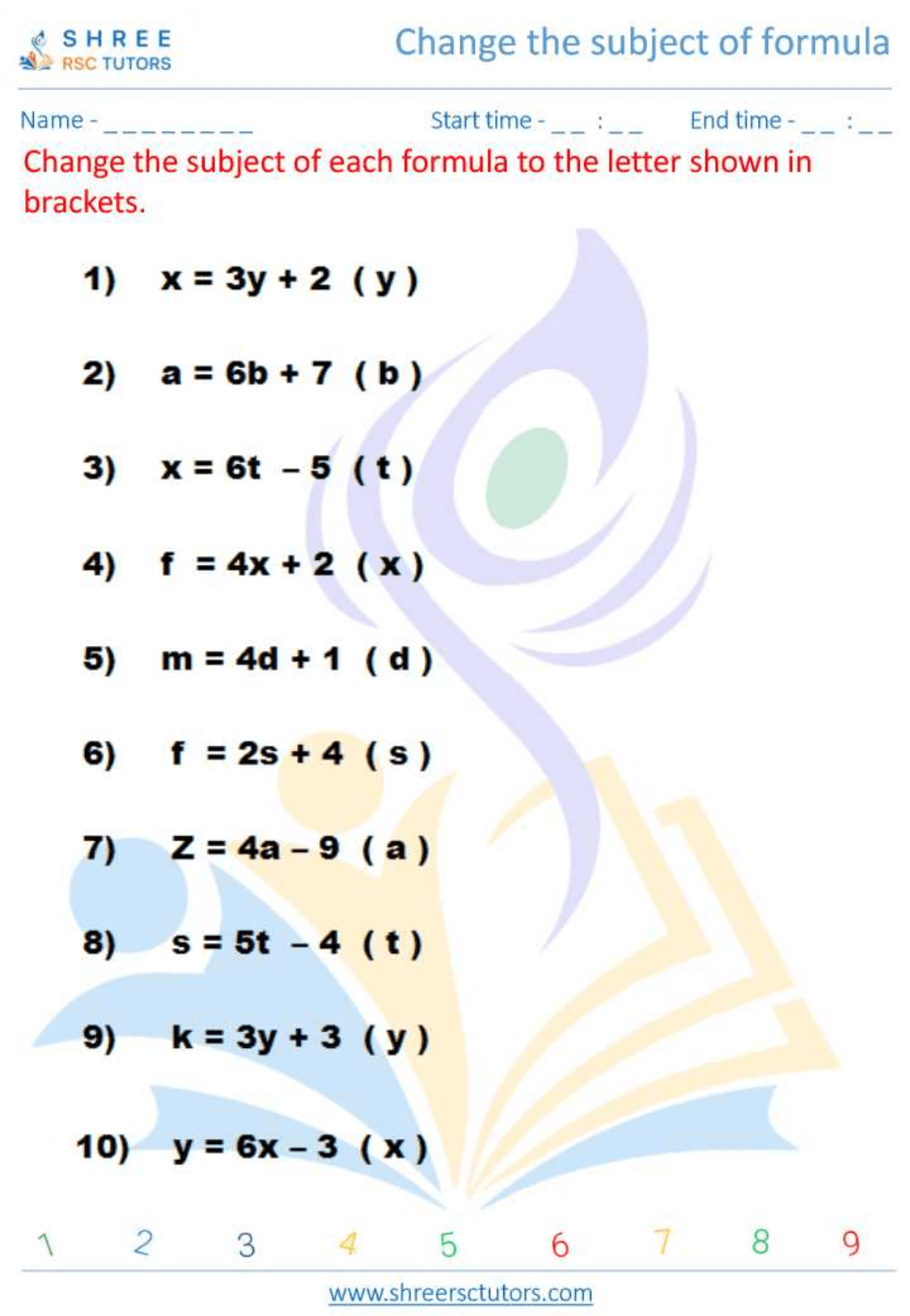 Grade 12  Maths worksheet: Change the subject of formula