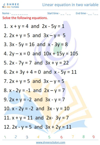 Grade 12  Maths worksheet: Linear equation in two variable