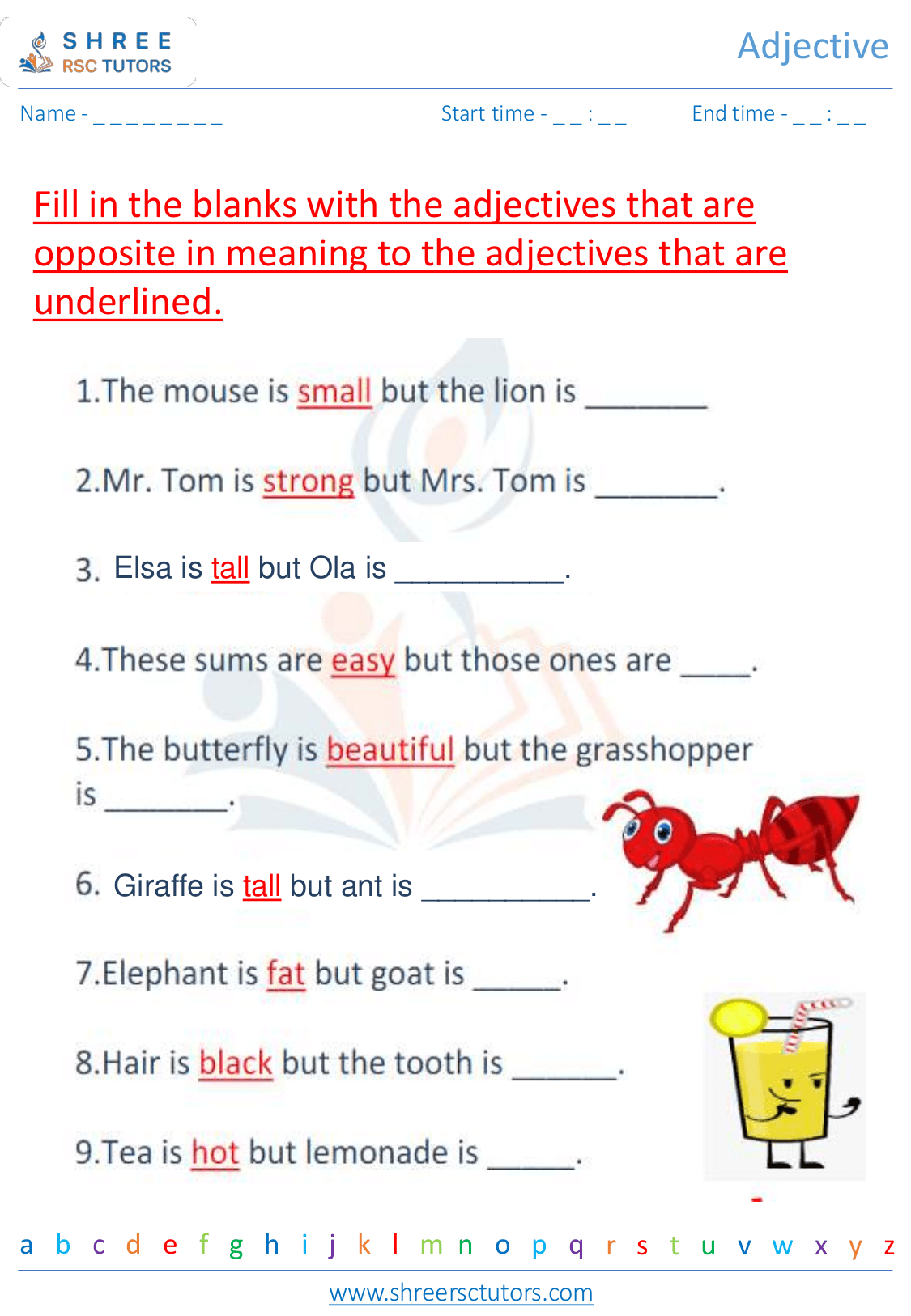 Adjectives worksheets for Grade 2 English shree rsc tutors