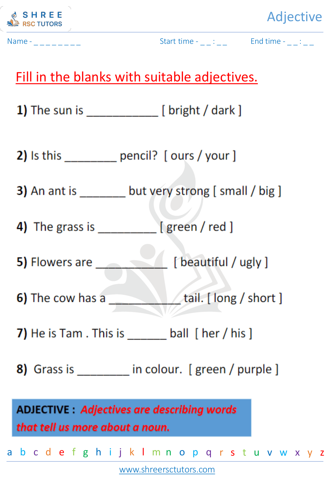 Adjectives worksheets for Grade 2 English shree rsc tutors