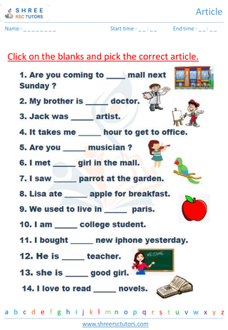 Grade 2  English worksheet: Articles