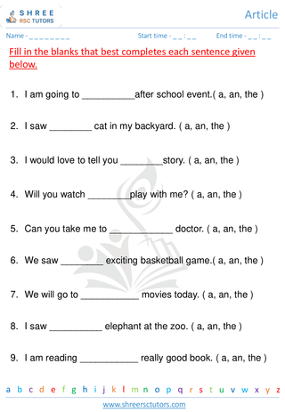 Grade 2  English worksheet: Articles