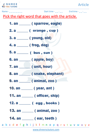 Grade 2  English worksheet: Articles