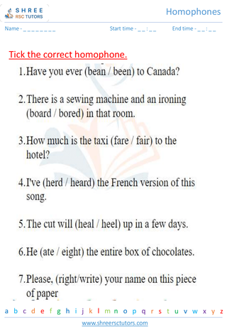 Homophones worksheets for Grade 2 English | shree rsc tutors