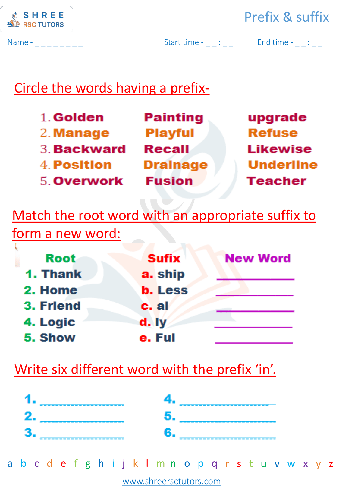 Prefix &amp; Suffix worksheets for Grade 2 English | shree rsc tutors