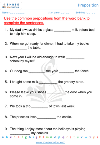 Grade 2  English worksheet: Preposition