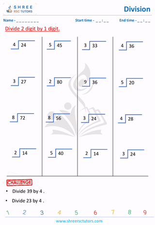 Grade 2  Maths worksheet: Divide numbers - Division - by 1 & 2 digit