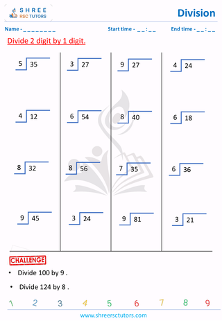 Grade 2  Maths worksheet: Divide numbers - Division - by 1 & 2 digit