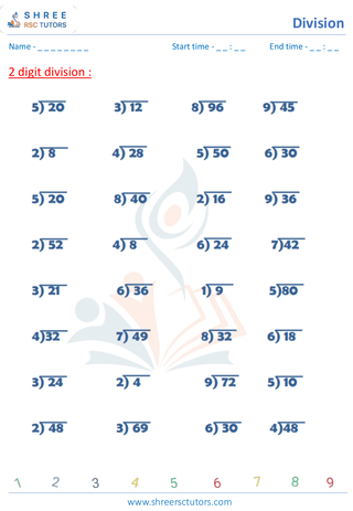 Grade 2  Maths worksheet: Divide numbers - Division - by 1 & 2 digit