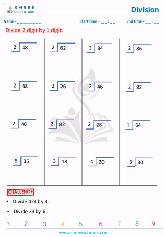 Grade 2  Maths worksheet: Divide numbers - Division - by 1 & 2 digit