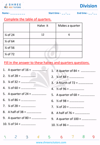 Grade 2  Maths worksheet: Divide numbers - Division - find half & quarter