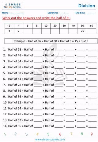 Grade 2  Maths worksheet: Divide numbers - Division - find half & quarter