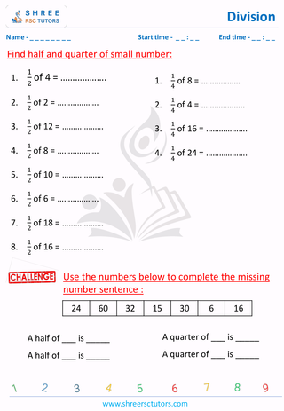 Grade 2  Maths worksheet: Divide numbers - Division - find half & quarter