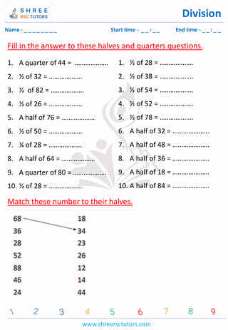 Grade 2  Maths worksheet: Divide numbers - Division - find half & quarter