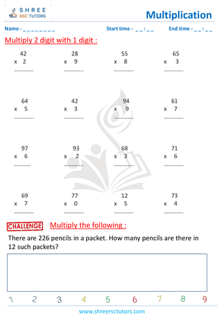 Grade 2  Maths worksheet: Multiply numbers - Multiplication - 2 by 1 digit