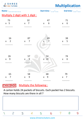 Grade 2  Maths worksheet: Multiply numbers - Multiplication - 2 by 1 digit