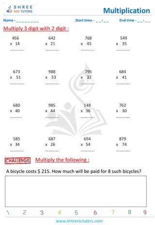 Grade 2  Maths worksheet: Multiply numbers - Multiplication - 3 by 1 digit