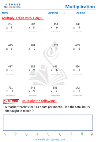 Grade 2  Maths worksheet: Multiply numbers - Multiplication - 3 by 1 digit