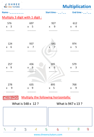 Grade 2  Maths worksheet: Multiply numbers - Multiplication - 3 by 1 digit