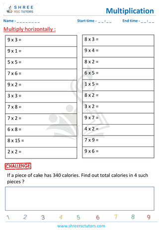 Grade 2  Maths worksheet: Multiply numbers - Multiplication - horizontal