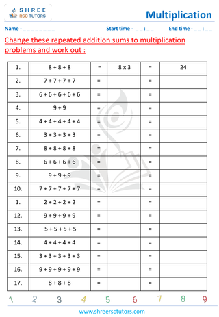 Grade 2  Maths worksheet: Multiply numbers - Multiplication - repeated addition