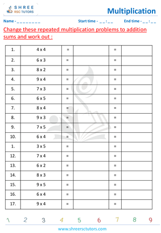 Grade 2  Maths worksheet: Multiply numbers - Multiplication - repeated addition