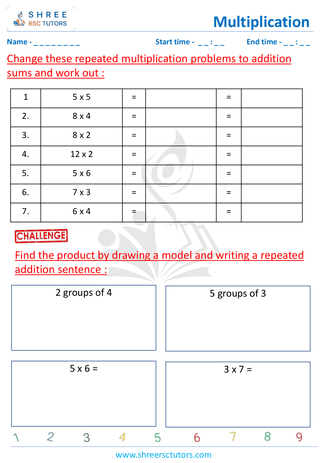 Grade 2  Maths worksheet: Multiply numbers - Multiplication - repeated addition