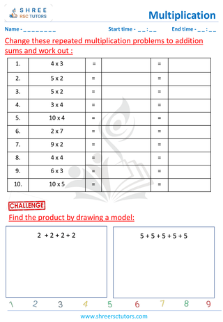 Grade 2  Maths worksheet: Multiply numbers - Multiplication - repeated addition