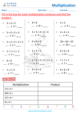 Grade 2  Maths worksheet: Multiply numbers - Multiplication - repeated addition