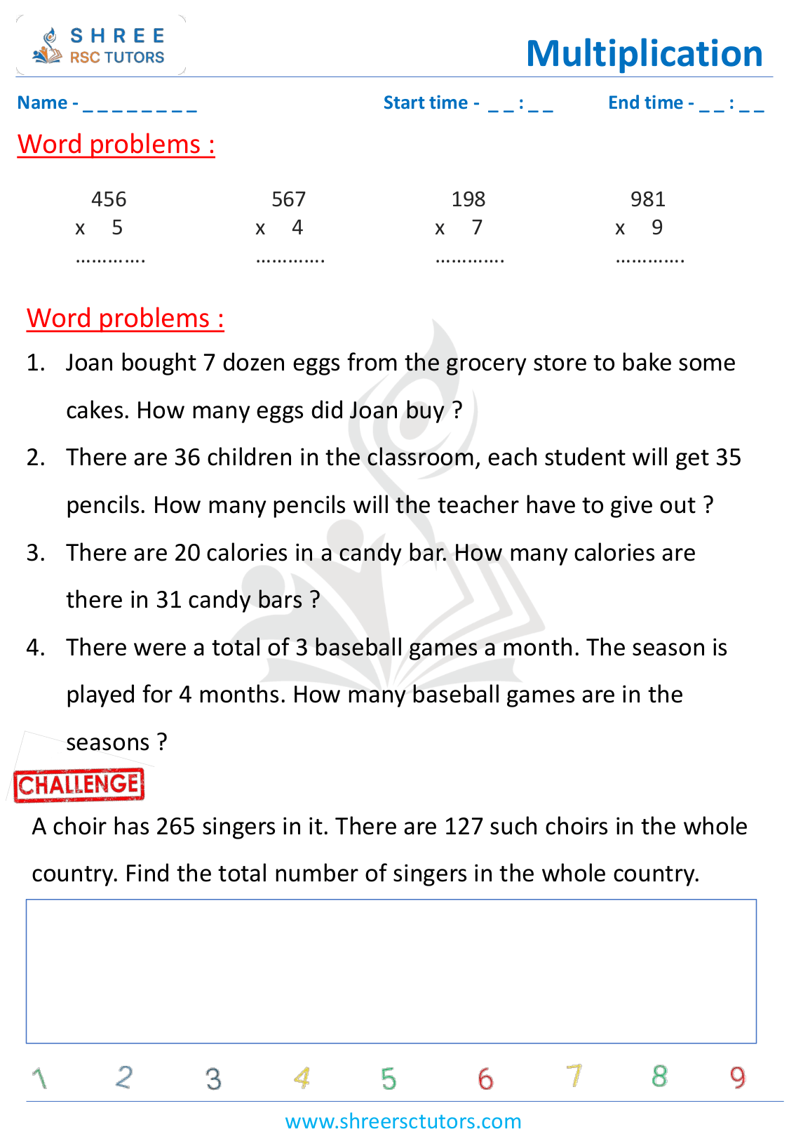 Grade 2  Maths worksheet: Multiply numbers - Multiplication - word problem