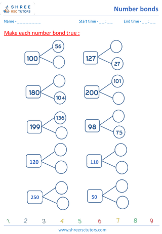 Grade 2  Maths worksheet: Numeric Facts - Complete the number bonds