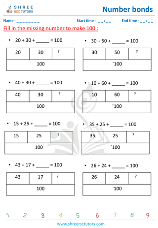 Grade 2  Maths worksheet: Numeric Facts - Missing number bonds up to 100