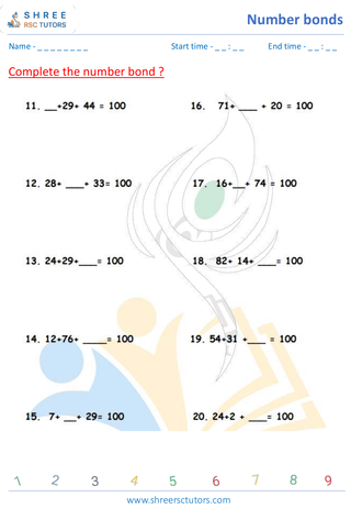 Grade 2  Maths worksheet: Numeric Facts - Number bonds addition up to 100