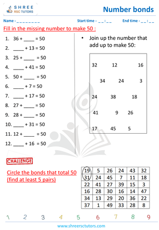 Grade 2  Maths worksheet: Numeric Facts - Number bonds addition up to 100