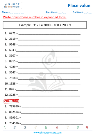 Grade 2  Maths worksheet: Positional notation - Place Values - expanded form