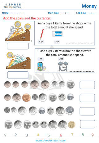 Grade 2  Maths worksheet: Study currency - Adding and subtracting money