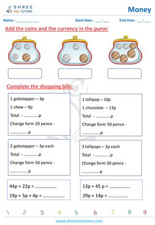 Grade 2  Maths worksheet: Study currency - Adding and subtracting money