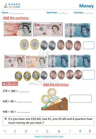 Grade 2  Maths worksheet: Study currency - Adding and subtracting money