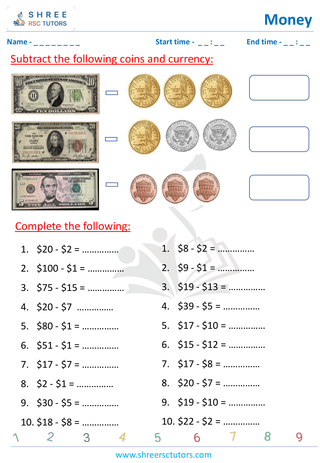 Grade 2  Maths worksheet: Study currency - Adding and subtracting money