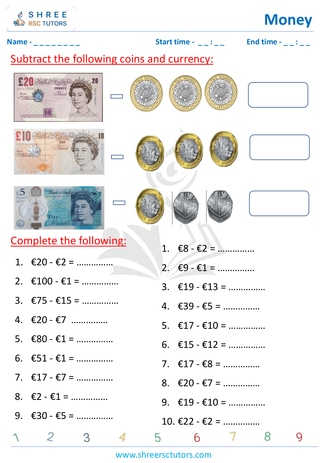 Grade 2  Maths worksheet: Study currency - Adding and subtracting money