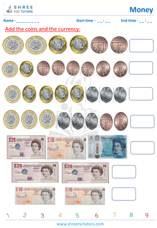 Grade 2  Maths worksheet: Study currency - Adding and subtracting money