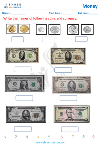 Grade 2  Maths worksheet: Study currency - Identify coins UK and USA