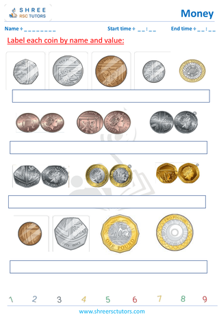 Grade 2  Maths worksheet: Study currency - Identify coins UK and USA