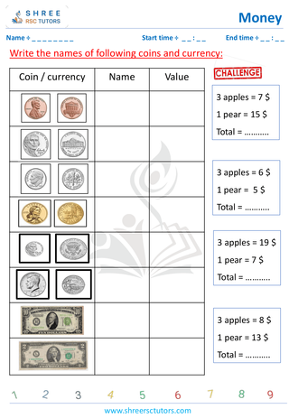 Grade 2  Maths worksheet: Study currency - Identify coins UK and USA