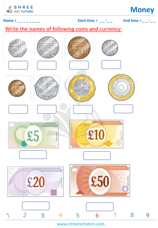 Grade 2  Maths worksheet: Study currency - Identify coins UK and USA