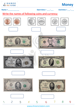 Grade 2  Maths worksheet: Study currency - Identify coins UK and USA