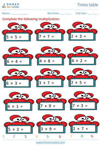 Grade 2  Maths worksheet: Time-table Practice - Practice of 2 to 7's time tables