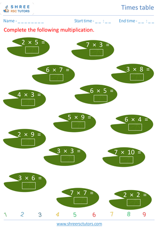 Grade 2  Maths worksheet: Time-table Practice - Practice of 2 to 7's time tables