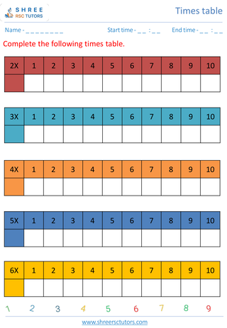 Grade 2  Maths worksheet: Time-table Practice - Practice of 2 to 7's time tables